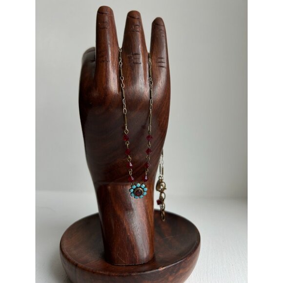 Vintage Liz Palacios BrassTone Red Blue Austrian Crystal Flower Necklace - Picture 6 of 9